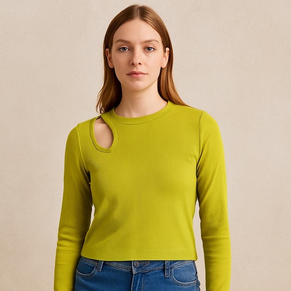 NWOT Happily Grey Lime Green Asymmetrical Cutout Long Sleeve Top Size M/L - Picture 2 of 9